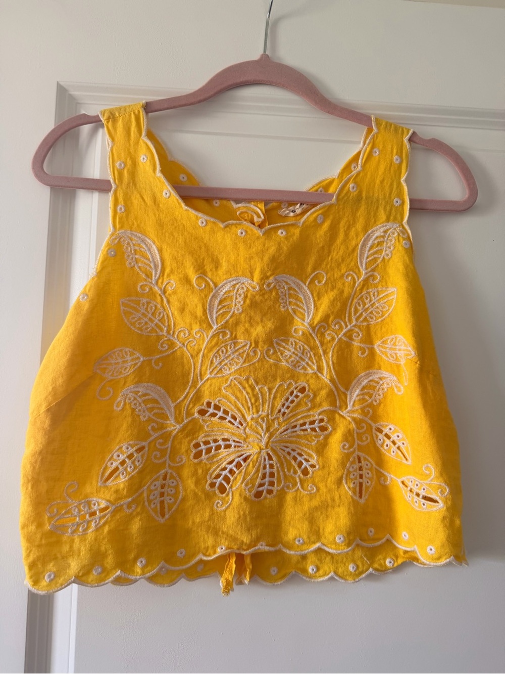 Christian Siriano Yellow Embroidered Sleeveless Linen Top